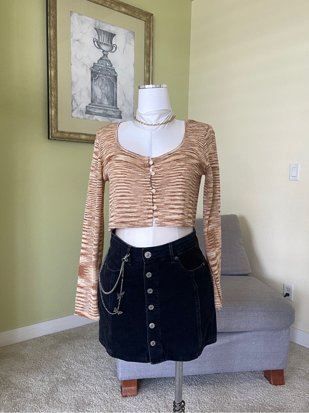 Cider Tan Marled Ribbed Pearl-Button Cropped Top